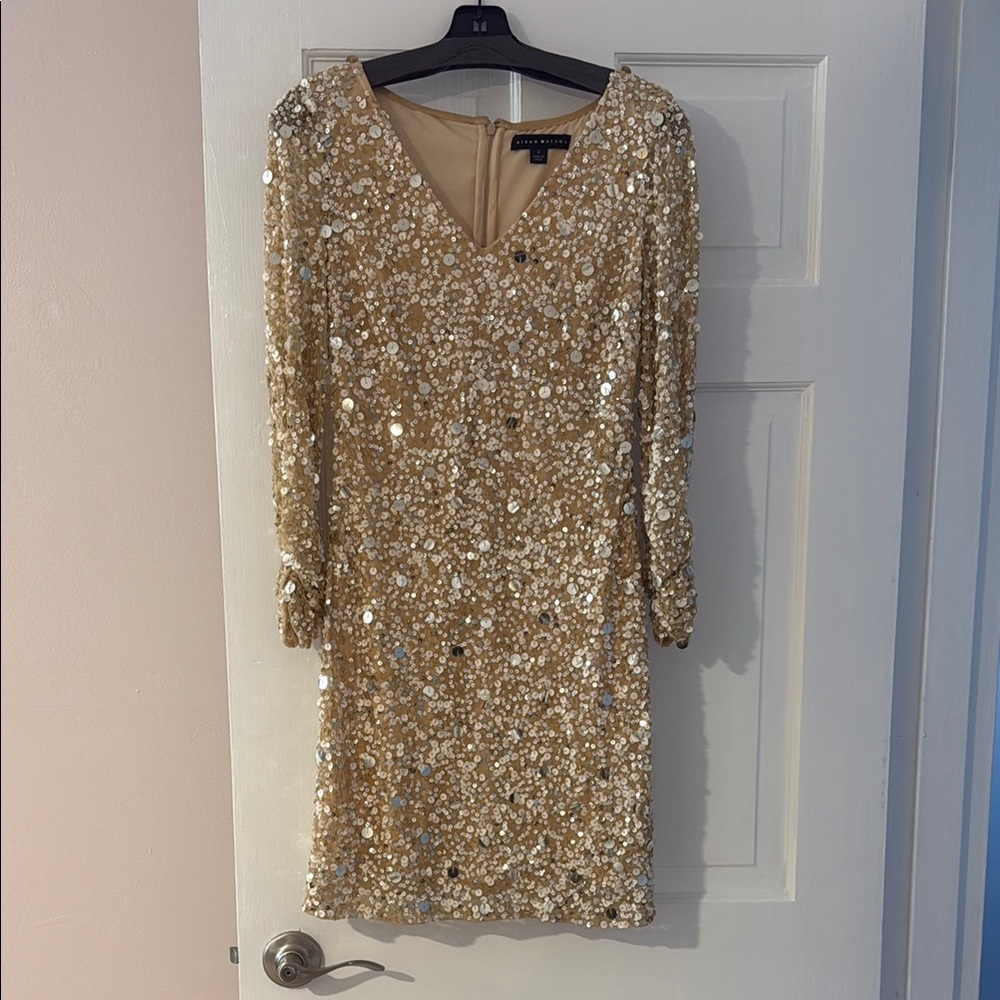 Aidan Mattox champagne Sequin Long Sleeve Dress